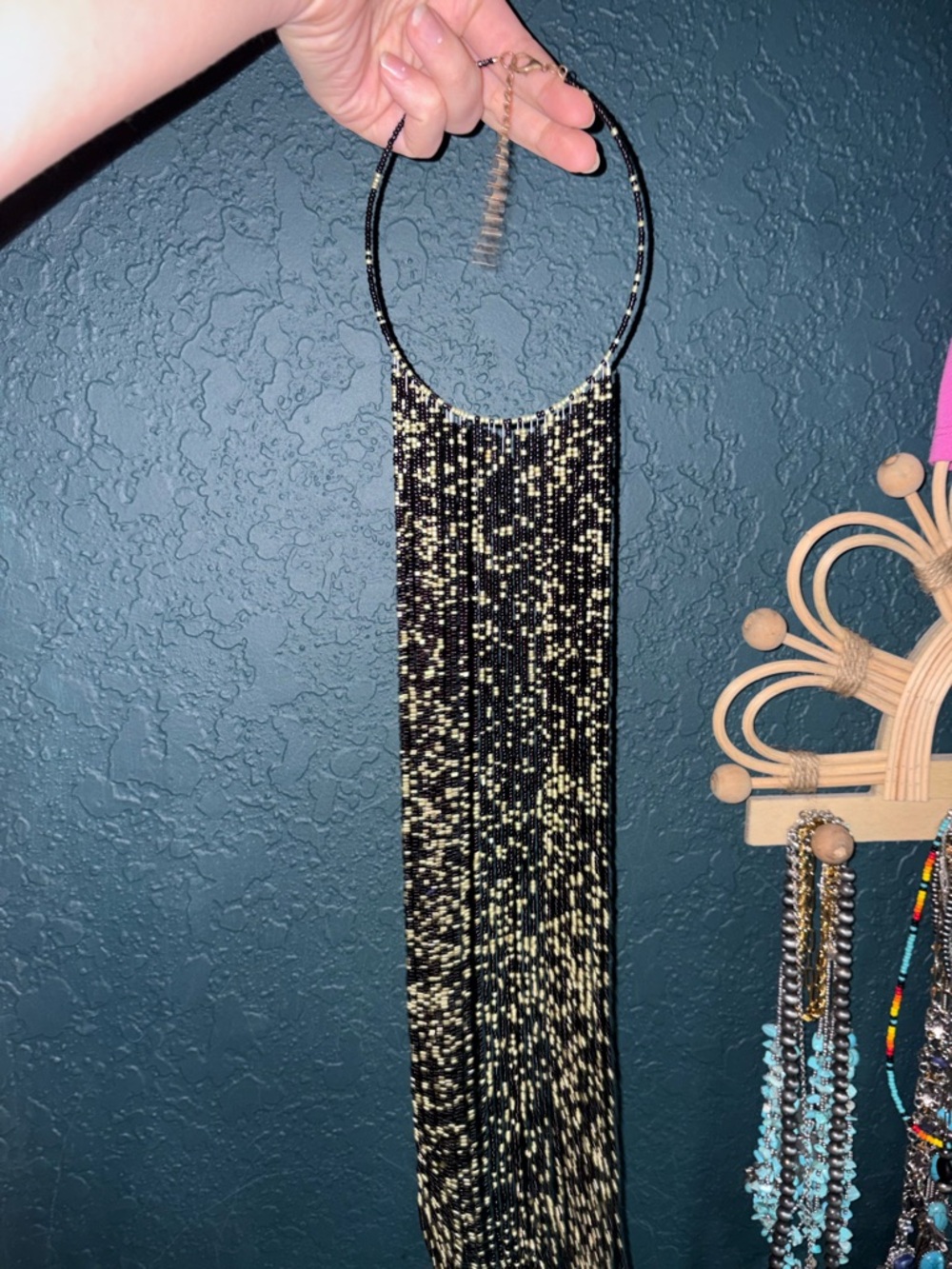 Long Beaded Fringe Necklace - Black & Gold